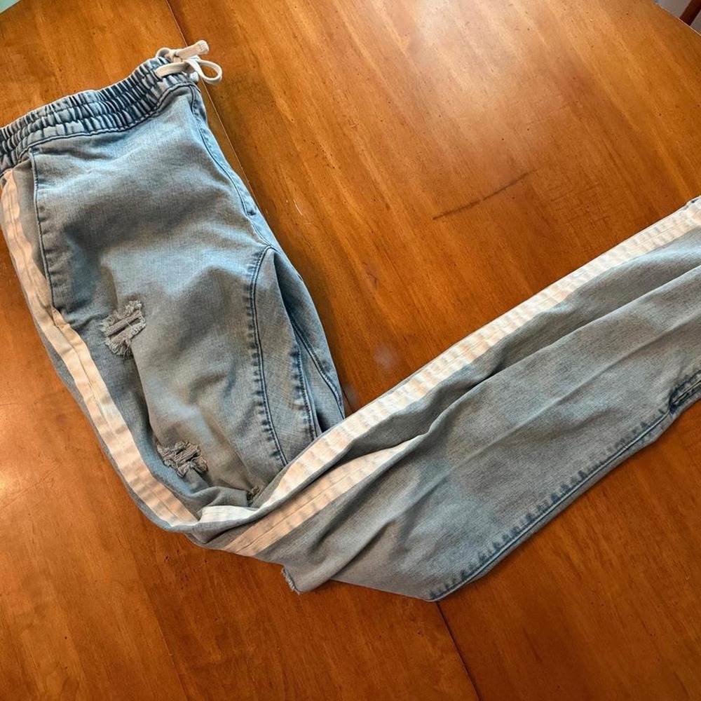 Pacsun Mens Blue Distressed Denim Joggers White Side Stripe Size M